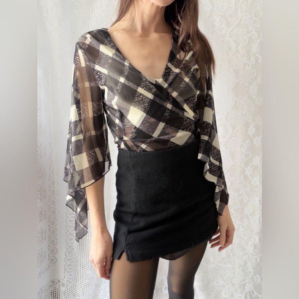 Y2K Sheer Plaid Wrap Top Bell Sleeve Tie Front 2000s - Picture 3 of 16